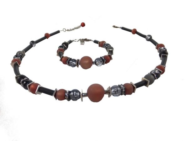 6278KH5SETschwarz-rotbraun Halskette Armband Set 